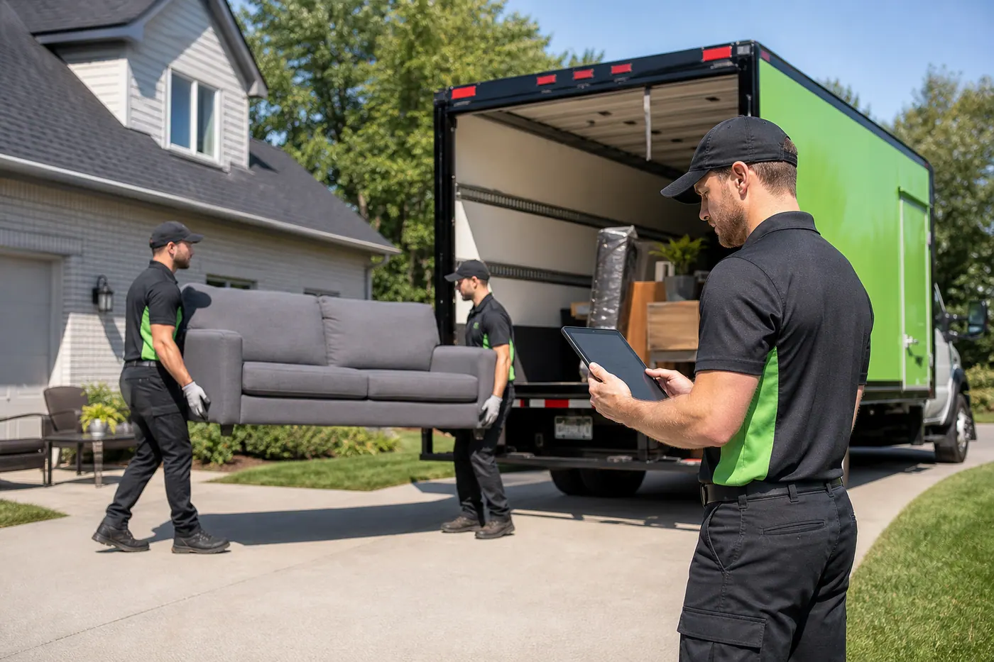Junk removal crew loading a scheduled pickup while the crew lead checks a tablet