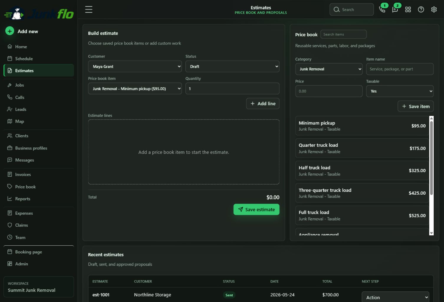 JunkFlo Estimates page showing estimate building and price book tools
