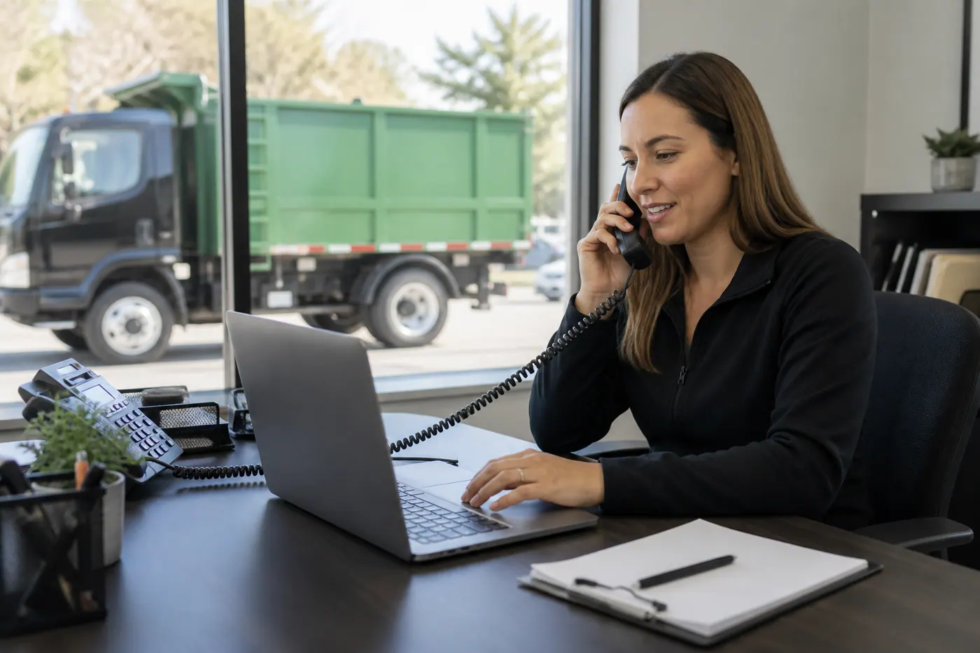 Office coordinator taking a new junk removal customer call