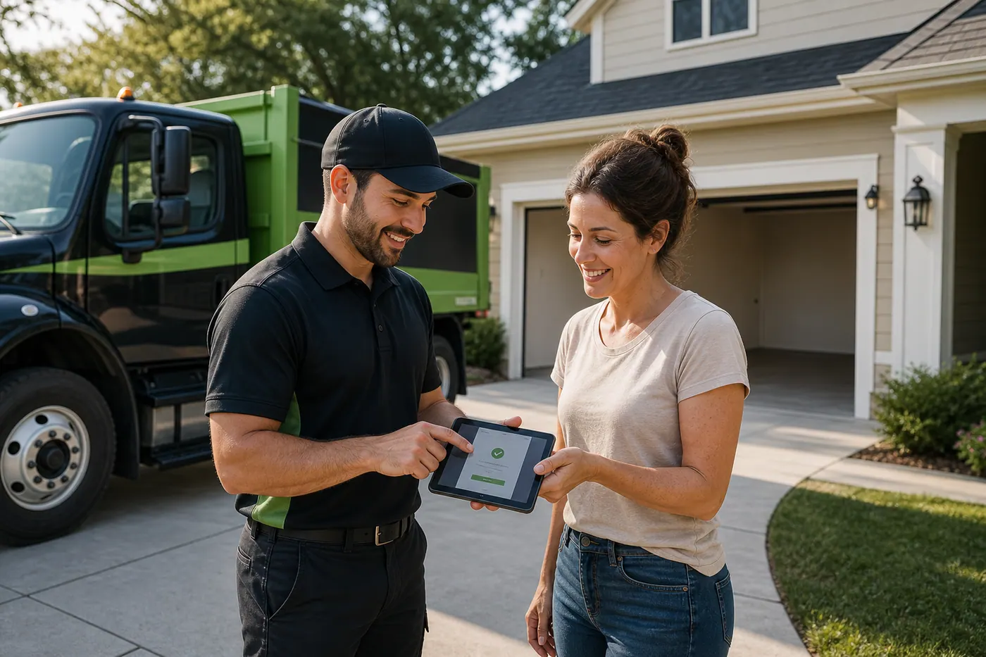 Customer reviewing a completed junk removal invoice with a crew lead